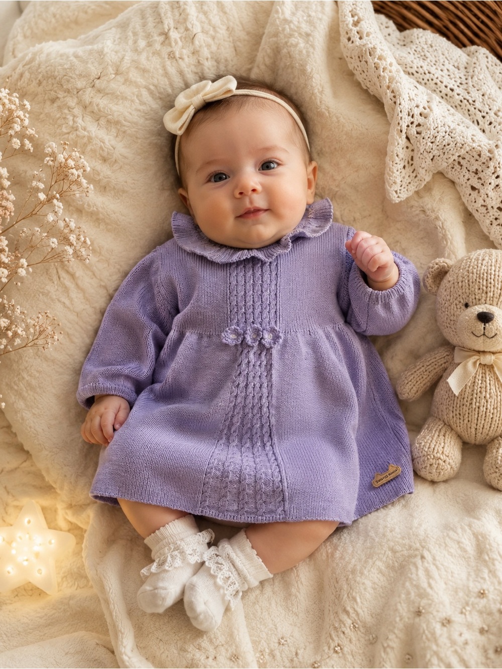 Souris Mini Lavender Knit Baby Dress with Floral Detail sz 0-3 months